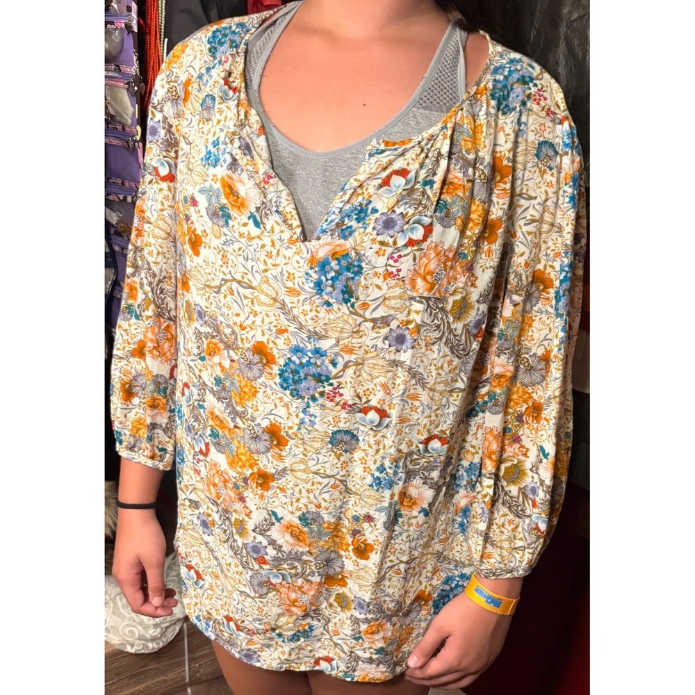Lucy & Laurel Blouse Womens 1X Multicolor Good Floral Rayon Boho Long Sleeve